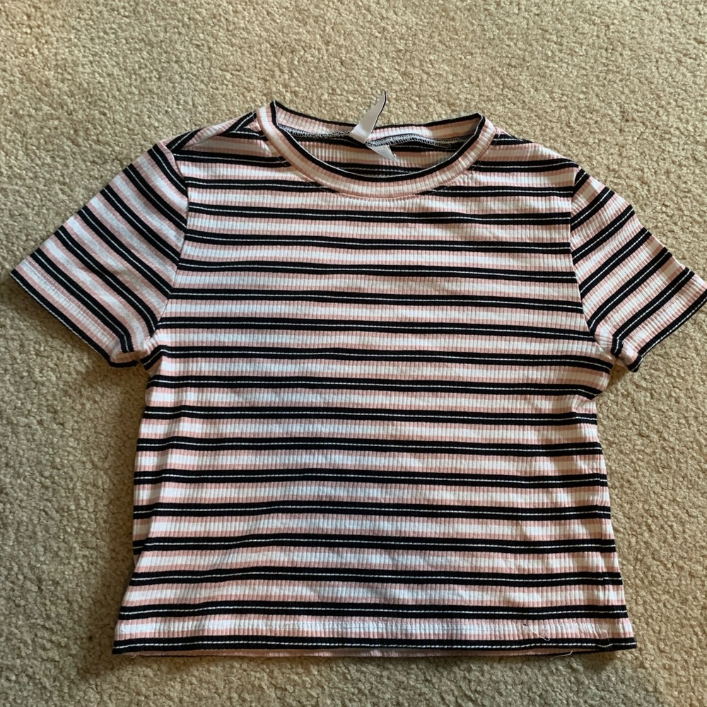 H&M Womens Medium Pink Black Stripe Crop Top